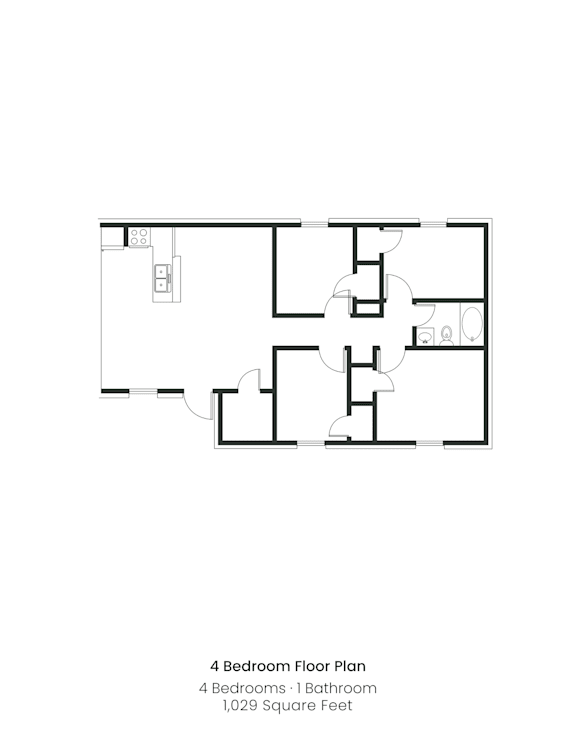 A floor plan of a 4 bedroom house with 1 bathroom.