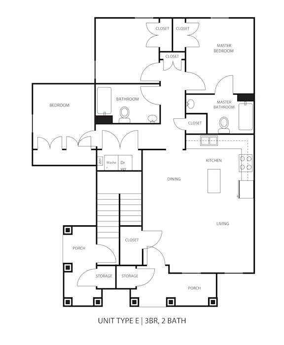 A black and white image of a floor plan for a 3 bedroom, 2 bathroom apartment.