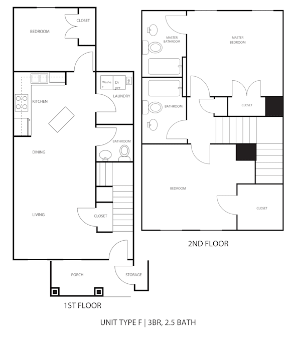 A black and white floor plan of a two-story apartment.