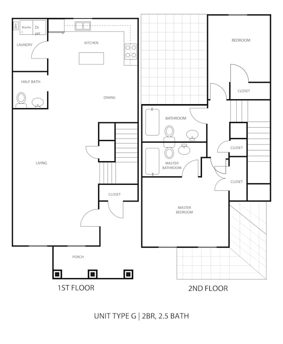 A drawing of a two-story house plan with labeled rooms.