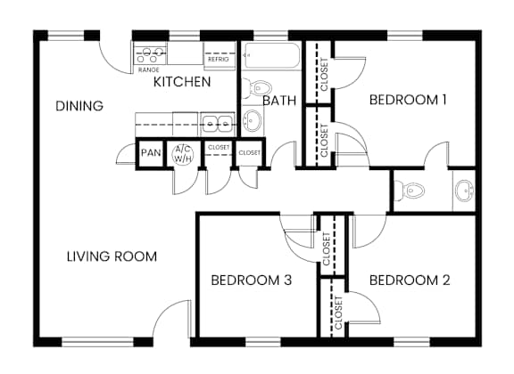 A floor plan of a home with a living room, dining room, kitchen, and three bedrooms.