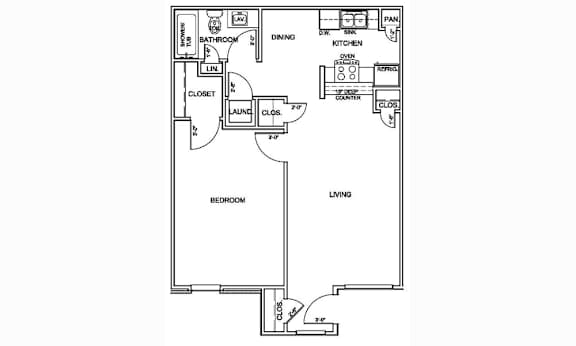 A floor plan of a house with a living room, dining room, kitchen, and two bedrooms.
