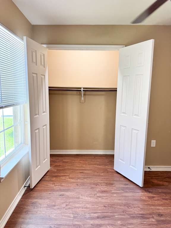 A room with a white door and a window with blinds.