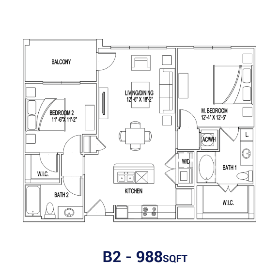 the floor plan of b2 988 sqft
