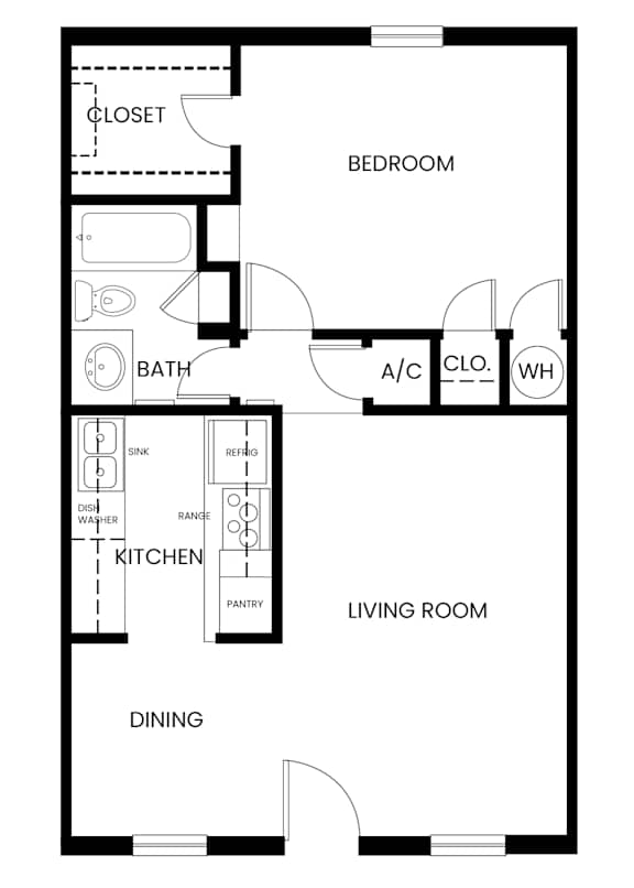 Floor Plan  A floor plan of a small apartment with a living room, dining room, kitchen, and bathroom.