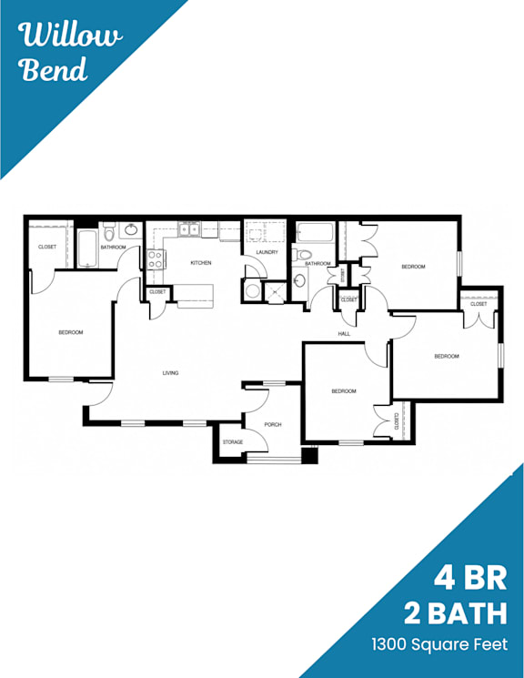 A floor plan for a 4 bedroom, 2 bathroom apartment with a total area of 1300 square feet.
