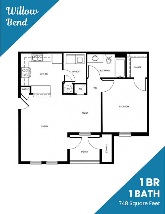 A floor plan for a 1 bedroom, 1 bathroom apartment with 748 square feet.