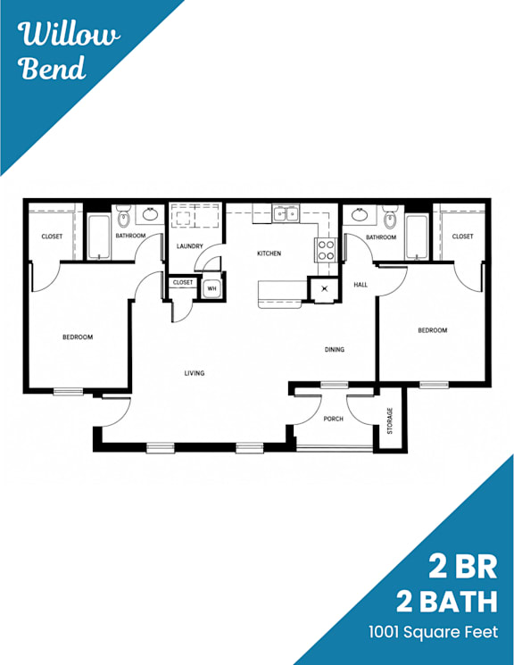 A floor plan for a 2 bedroom, 2 bathroom apartment.