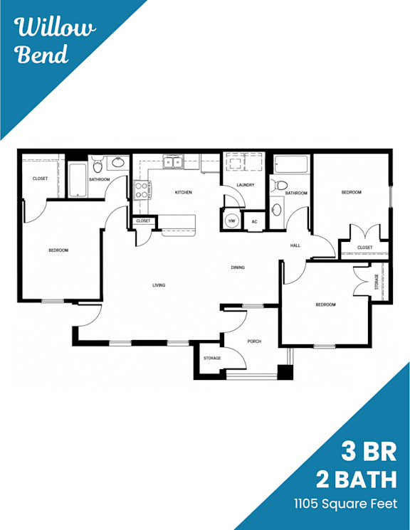 A floor plan for a 3 bedroom, 2 bathroom apartment.