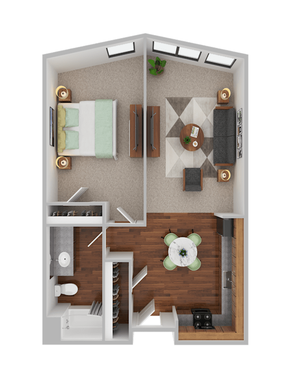 Floor Plan  A 3D rendered image of a small apartment layout.