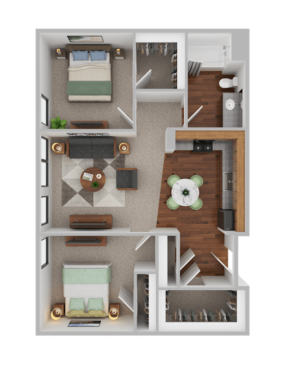 Floor Plan  A 3D floor plan of a small apartment with a bedroom, living room, and kitchen.