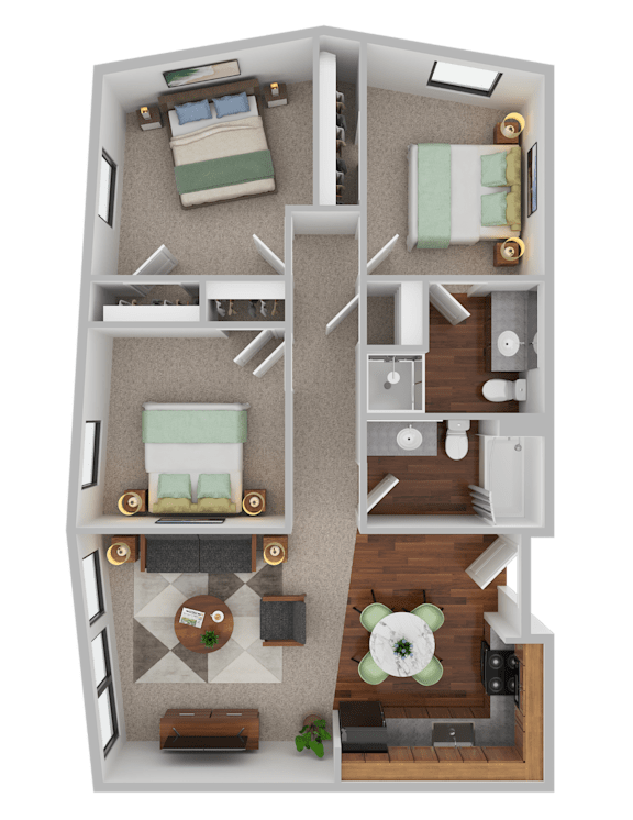 Floor Plan  A 3D floor plan of a small apartment with two bedrooms and a living area.