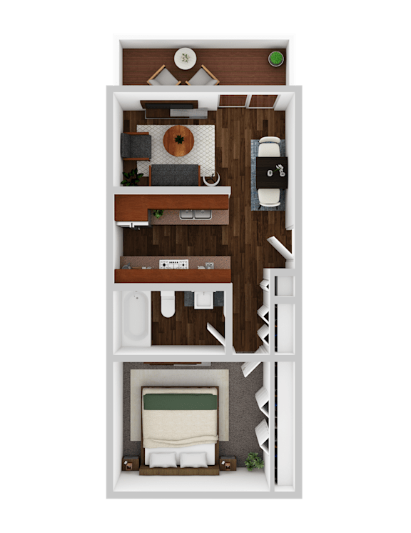 A top-down view of a small, well-organized apartment with a bedroom, living room, kitchen, and bathroom.