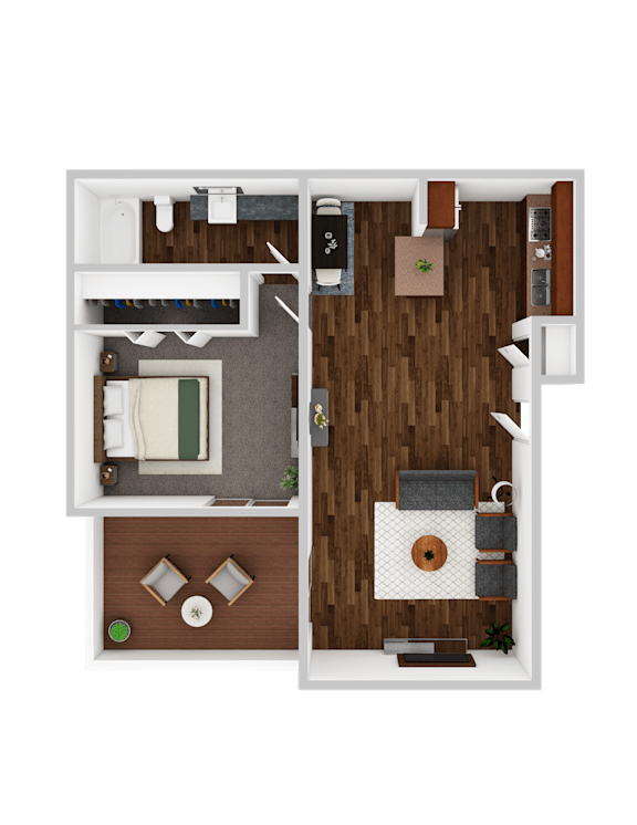 A top-down view of a small apartment with a kitchen, living room, and bathroom.