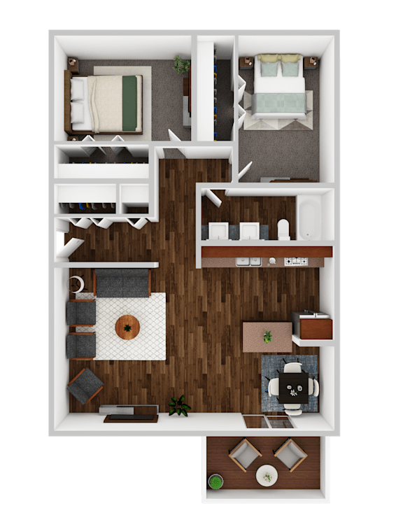 A top-down view of a small apartment with a bedroom, living room, and kitchen area.