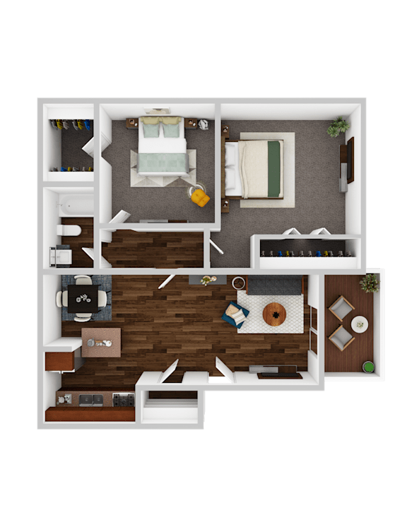 A top-down view of a small apartment with a living room, kitchen, and bedroom.
