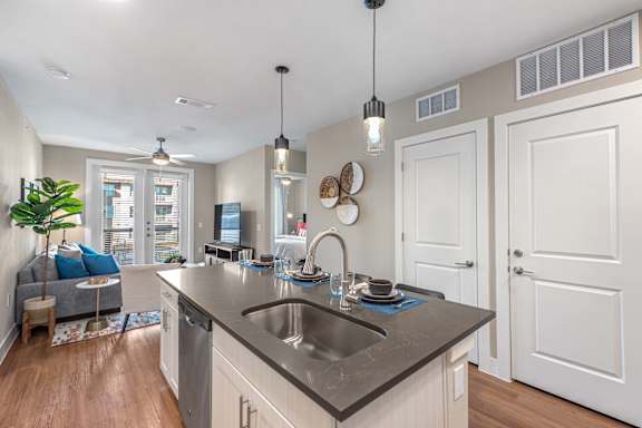 A kitchen with a sink, a window, and a plant.