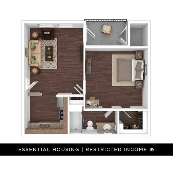 A floor plan of a small apartment with a kitchen, living room, and bedroom.