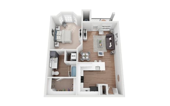 Floor Plan  A top-down view of a small apartment with a bedroom, living room, and kitchen.