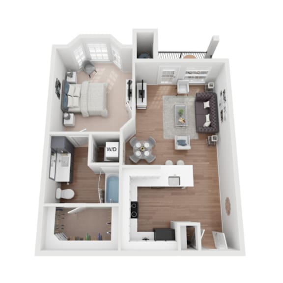 Floor Plan  A 3D floor plan of a small apartment with a kitchen, living room, and bedroom.