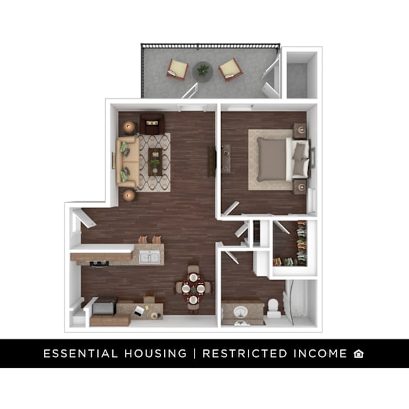 A floor plan of a small apartment with a kitchen, living room, and bedrooms.