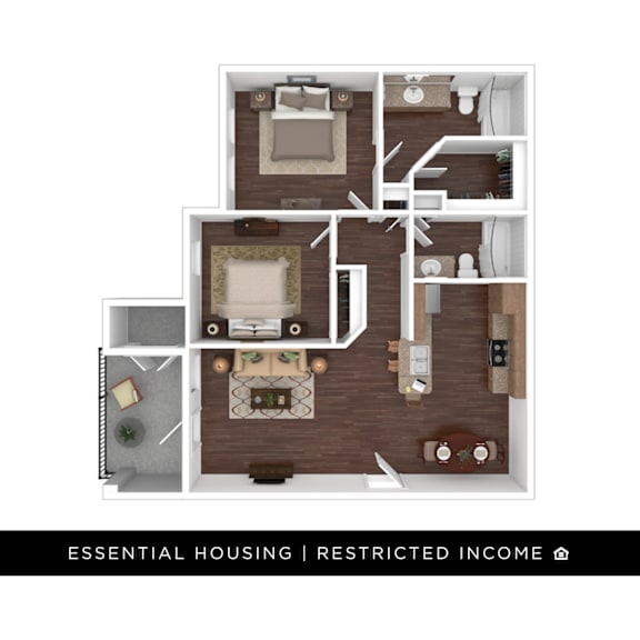 A diagram of a house layout with the text "ESSENTIAL HOUSING | RESTRICTED INCOME".