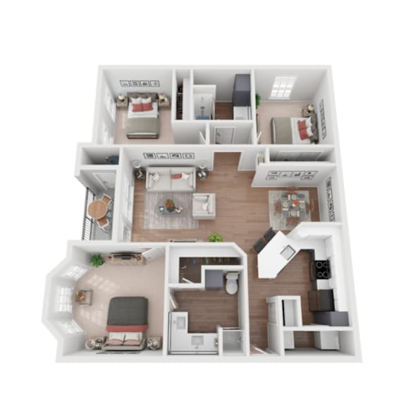 Floor Plan  A 3D floor plan of a house with multiple rooms and furniture.