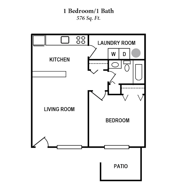 A floor plan of a 1 Bedroom/1 Bath apartment sized 576 square feet.