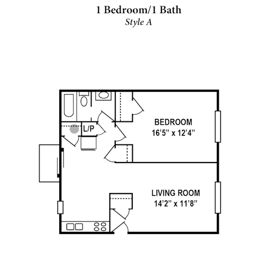 A floor plan of a 1 bedroom/1 bath style apartment.