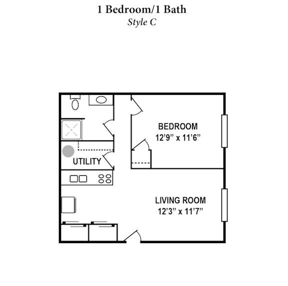A drawing of a 1 Bedroom/1 Bath Style C apartment.