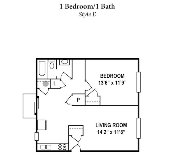 A floor plan of a 1 Bedroom/1 Bath Style E apartment.