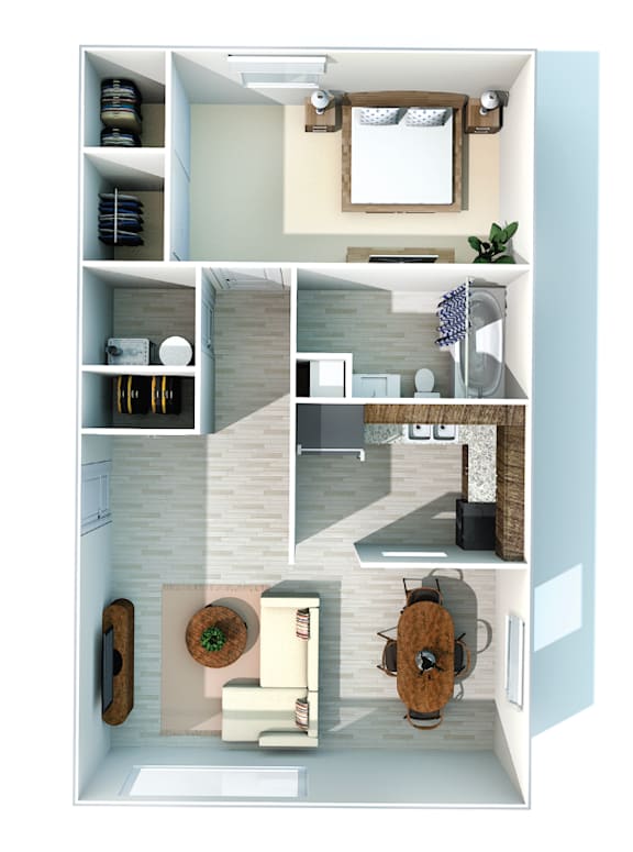 A modern apartment with a kitchen, living room, and bathroom.