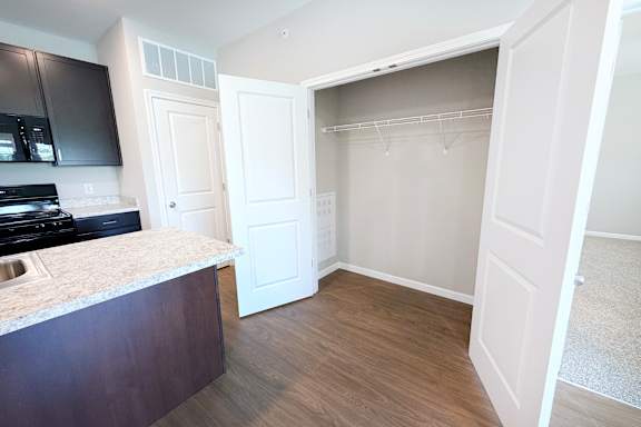 Walk-in closet with wire shelving and hanging rod at The Meridian on 32 Apartments, Batavia
