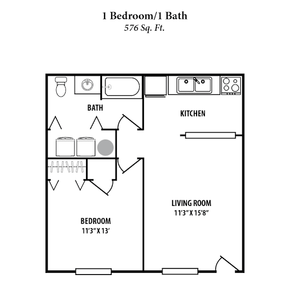 A floor plan of a 1 Bedroom/1 Bath apartment sized at 576 square feet.