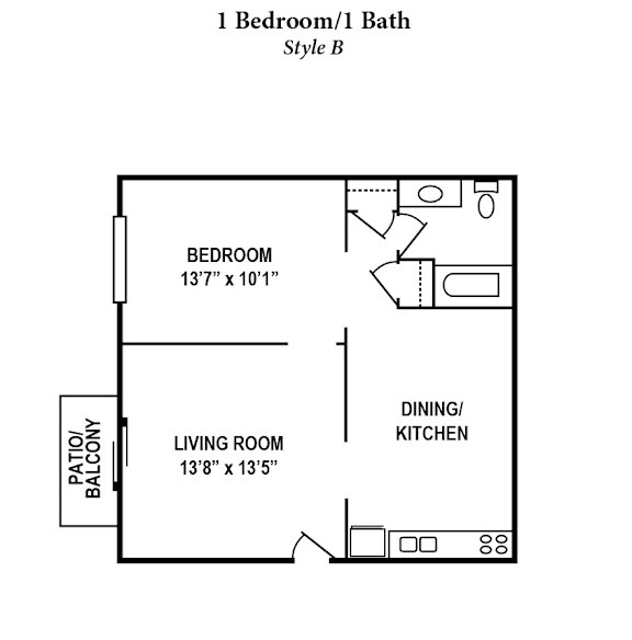 A floor plan of a 1 Bedroom/1 Bath Style B apartment.