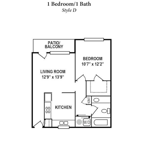 A floor plan for a 1 Bedroom/1 Bath Style D apartment.