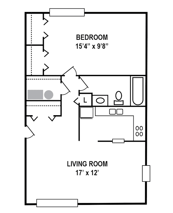 A floor plan of a bedroom and living room.