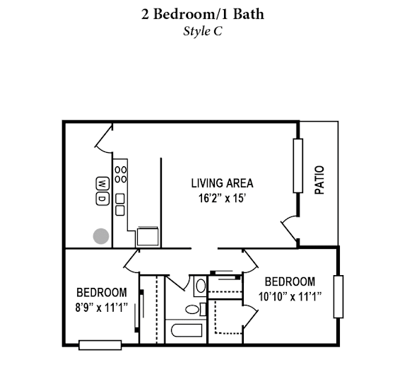 A drawing of a 2 Bedroom/1 Bath Style C apartment.