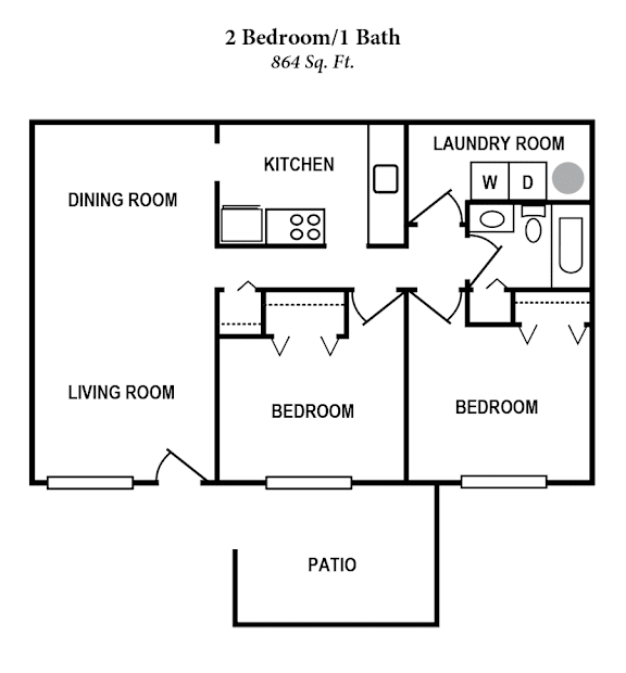 A floor plan of a 2 Bedroom/1 Bath apartment.