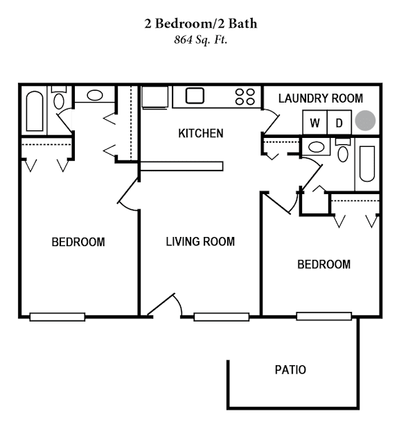 A floor plan of a 2 bedroom/2 bath apartment sized 864 square feet.