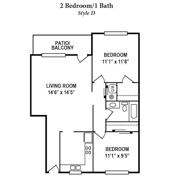 A black and white image of a 2 Bedroom/1 Bath Style D floor plan.