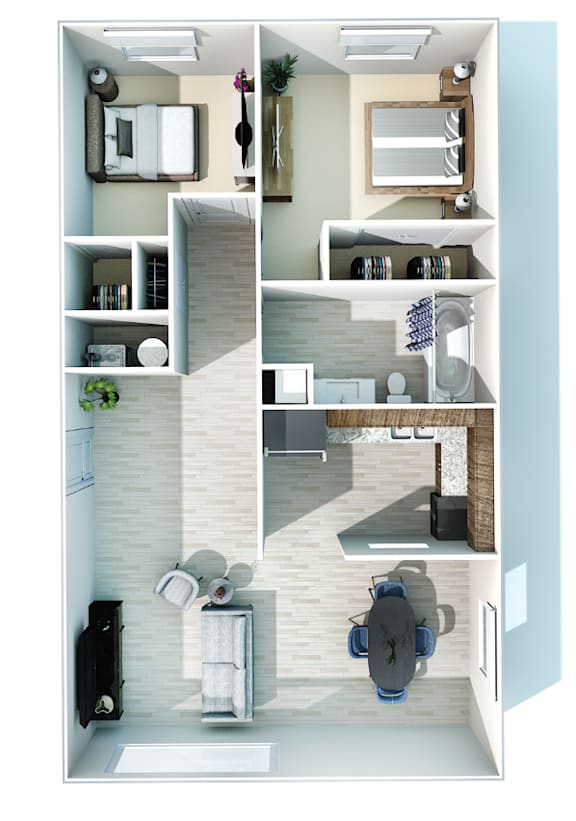 A modern apartment layout with a living area, kitchen, and bathroom.