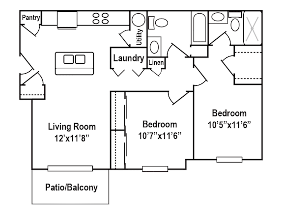 2D 2Bed Floor Plan at Hebron Station Apartments, Kentucky