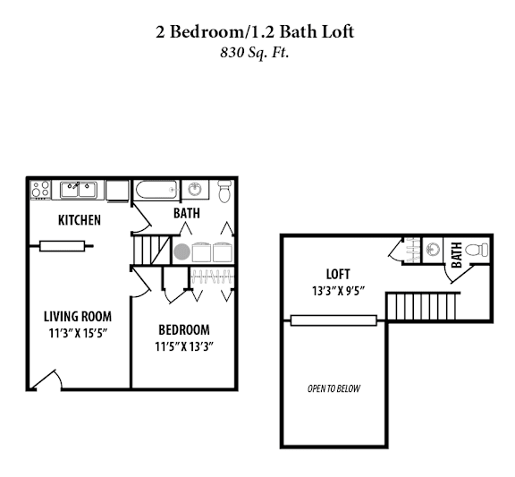 A floor plan of a 2 Bedroom/1.2 Bath Loft sized at 830 square feet.