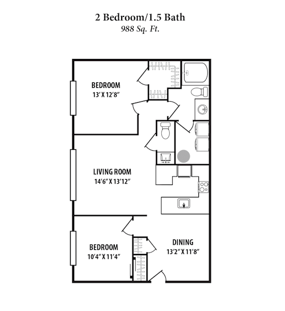 A drawing of a 2 Bedroom/1.5 Bath apartment at 988 Sq. Ft.