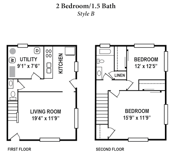 A floor plan for a 2 Bedroom/1.5 Bath Style B apartment.