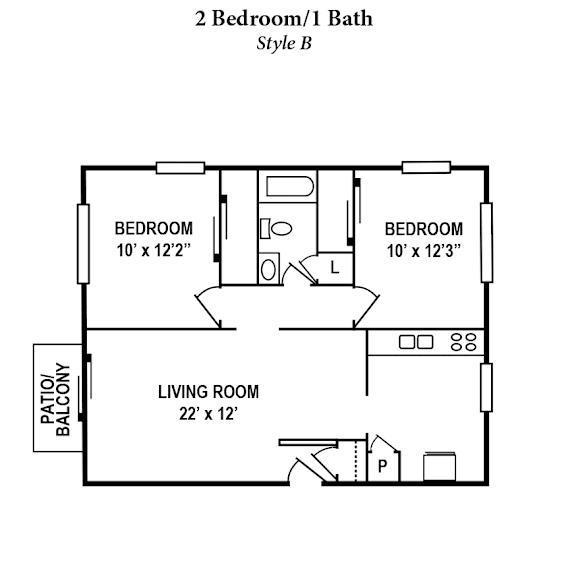 A floor plan of a 2 bedroom/1 bath style B apartment.