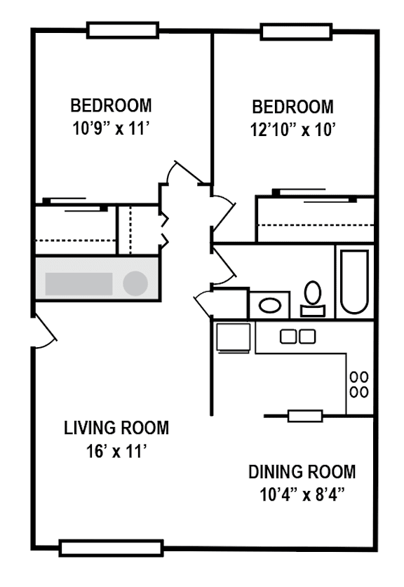 A black and white image of a floor plan for a home with four bedrooms and two living areas.