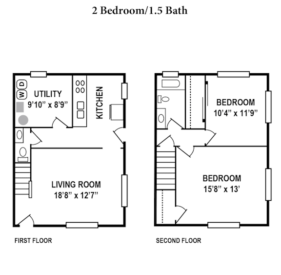 A floor plan for a 2 bedroom/1.5 bath home.