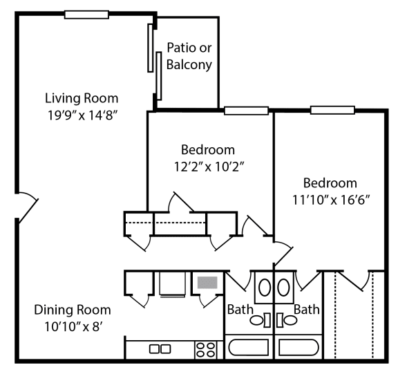 2 Bed 2 Bath Floor Plan at Crestbrook Apartments & Townhomes, Crescent Spring, KY, 41017